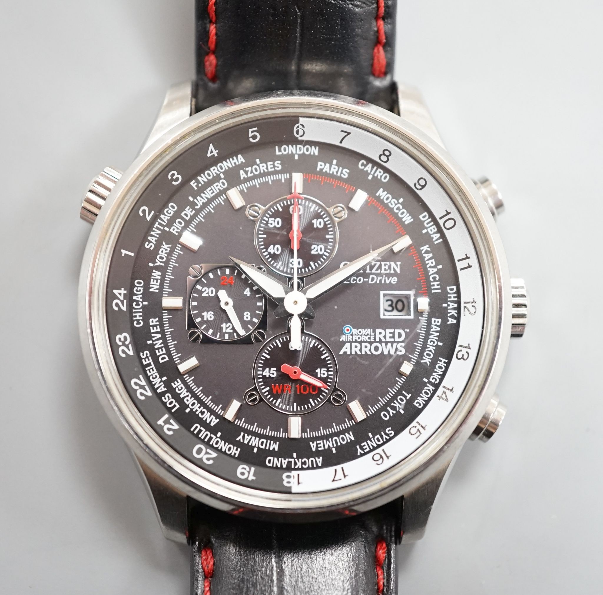 A gentleman's modern stainless steel Citizen Eco Drive Red Arrows chronograph wrist watch, no box or papers.